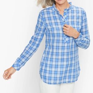 Talbots Women’s Ruffle Neck Popover Blouse Blue Plaid Size Large